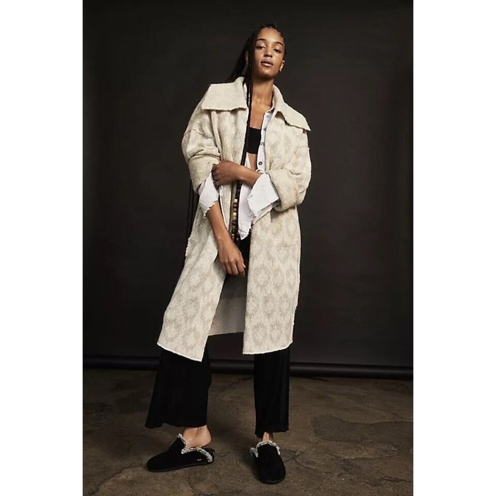 Free People Like a Diamond Sweater Coat Jacket XS Icy Gray Ikat Pocket OB1230317